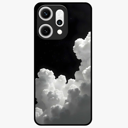Black Background With White Cloud Glass Case showing flat back view with minimal cloud artwork on dark background and glossy glass finish.