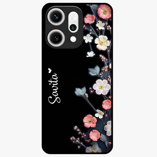 Black Elegance Floral Custom Name Glass Case showing flat back view with elegant floral artwork and personalized name design.