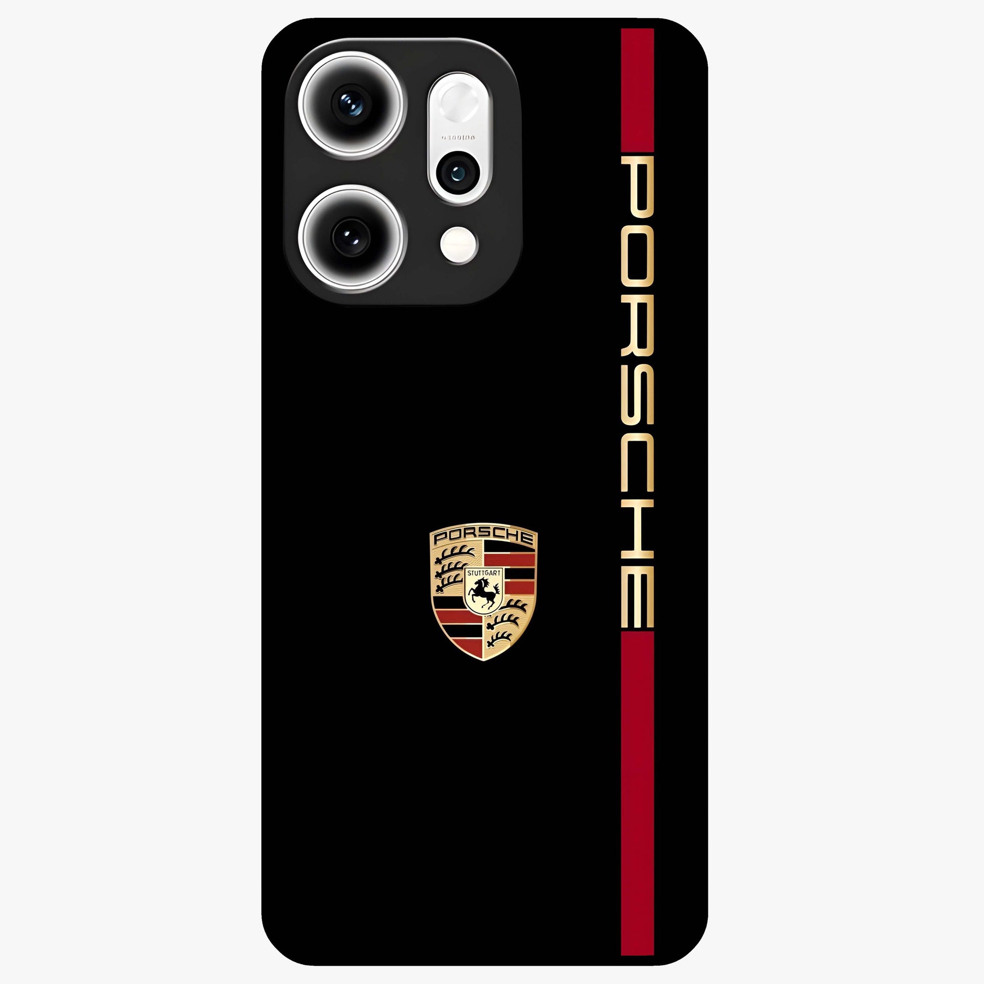 Black Minimal Porsche Glass Case showing flat back view with sleek minimal sports car artwork and glossy glass finish.