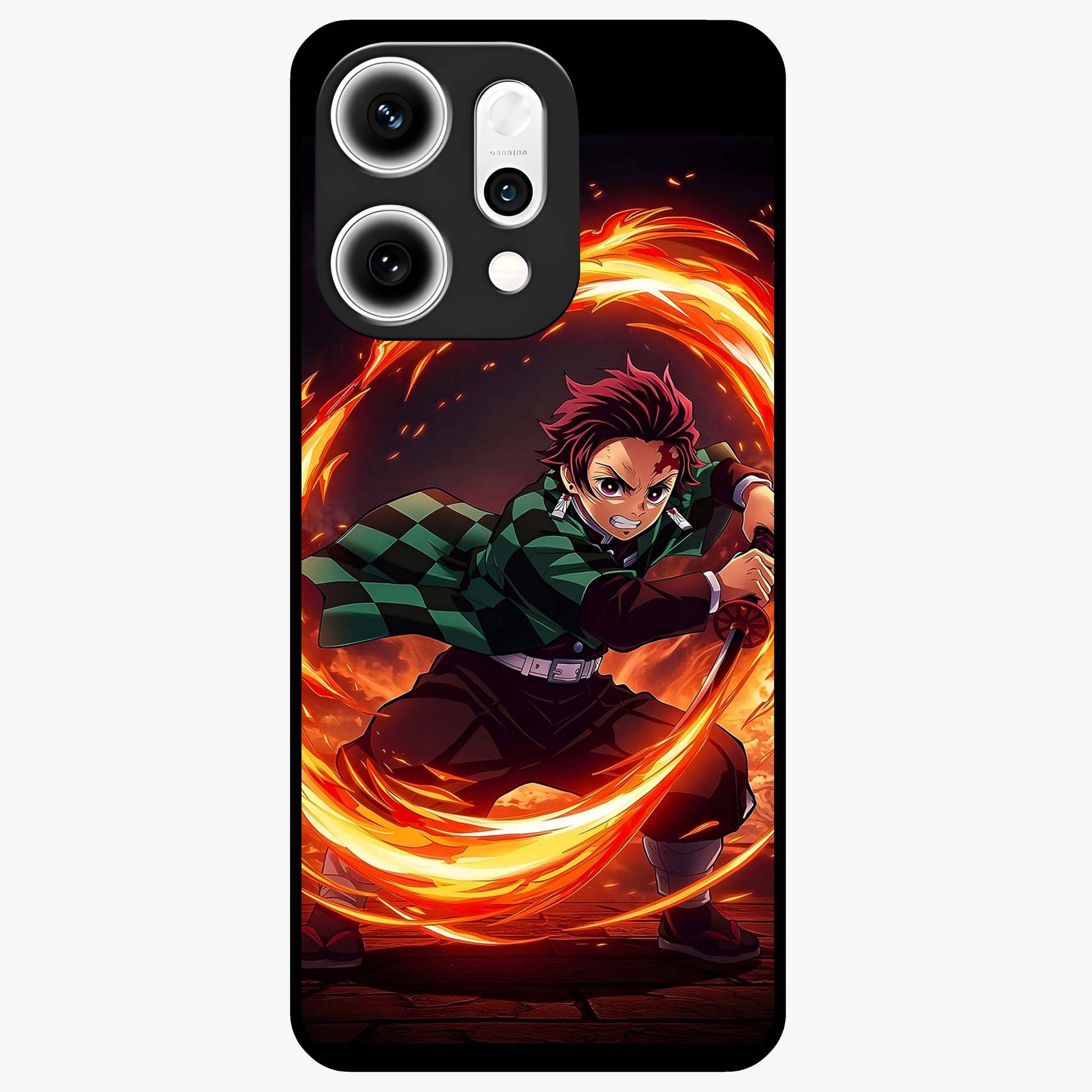 Blazing Sword Resolve Glass Case showing flat back view with fiery sword artwork and glossy glass finish.