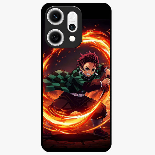 Blazing Sword Resolve Glass Case showing flat back view with fiery sword artwork and glossy glass finish.