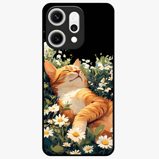 Blissful Bloom Cat Glass Case showing flat back view with cute cat and floral bloom artwork and glossy glass finish.