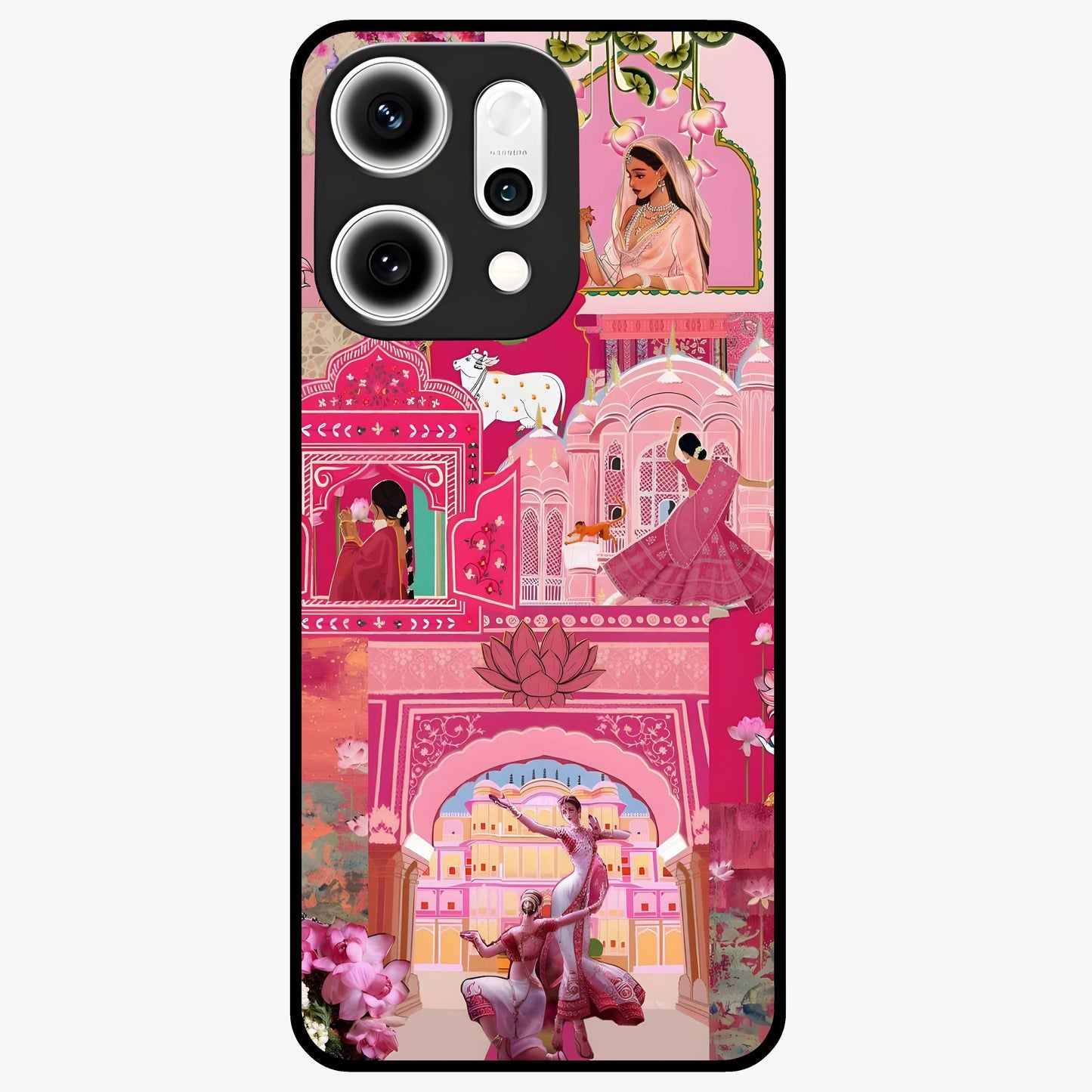 Blossoms of Rajasthan Glass Case showing flat back view with traditional floral artwork inspired by Rajasthan and glossy glass finish.