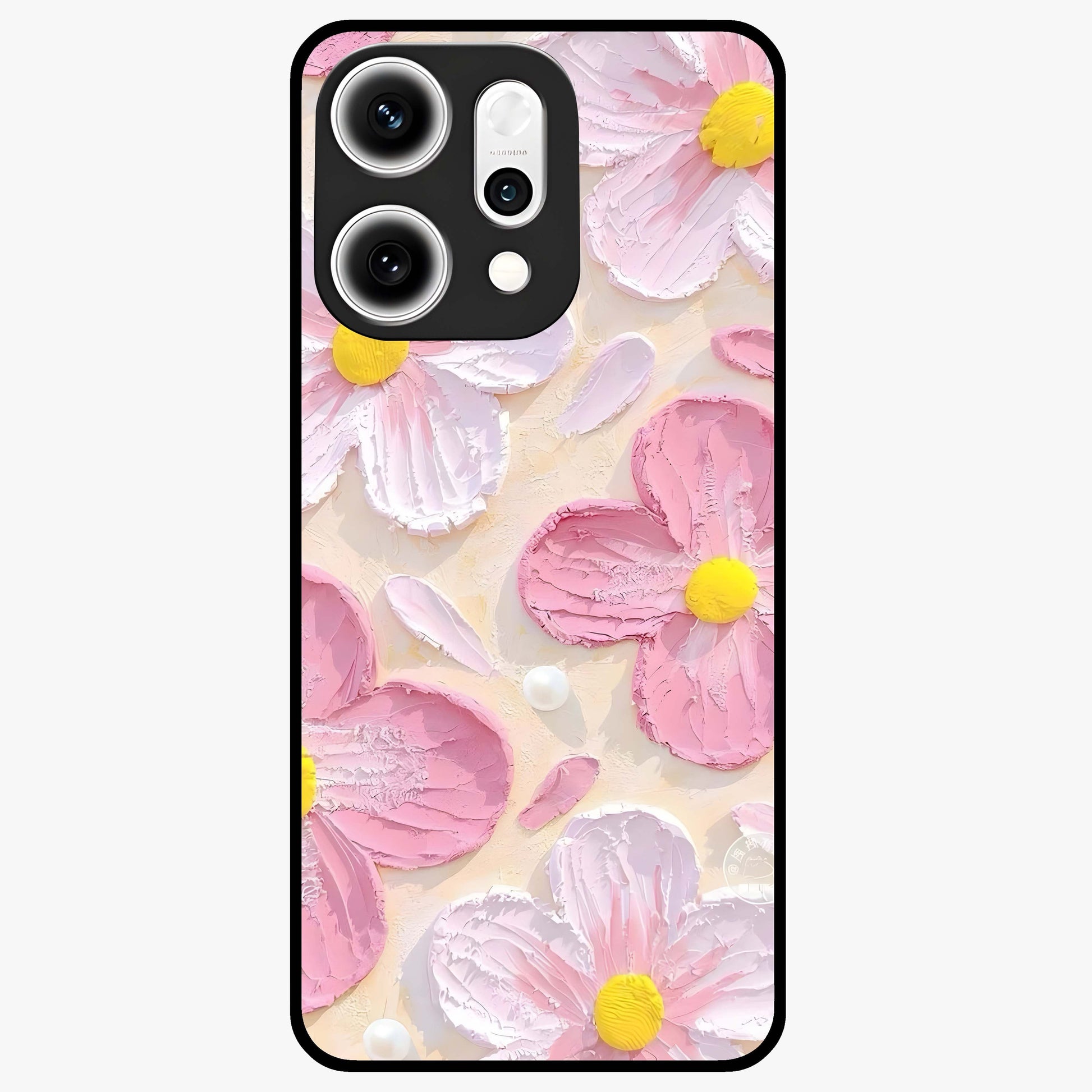 Blush Bloom Texture Glass Case showing flat back view with soft blush floral texture artwork and glossy glass finish.