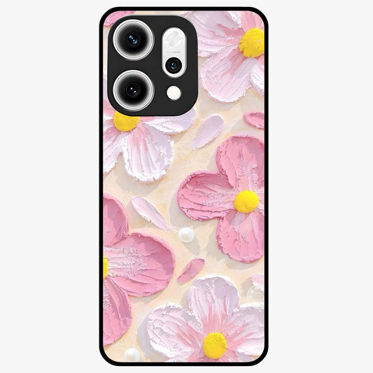 Blush Bloom Texture Glass Case showing flat back view with soft blush floral texture artwork and glossy glass finish.