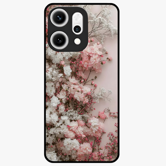 Blush Blossom Cloud Glass Case showing flat back view with dreamy blush cloud blossom artwork and glossy glass finish.