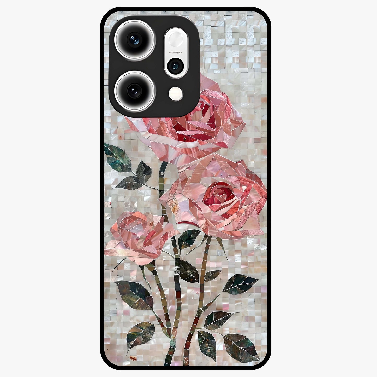 Blush Mosaic Bloom Glass Case showing flat back view with mosaic floral bloom artwork and glossy glass finish.