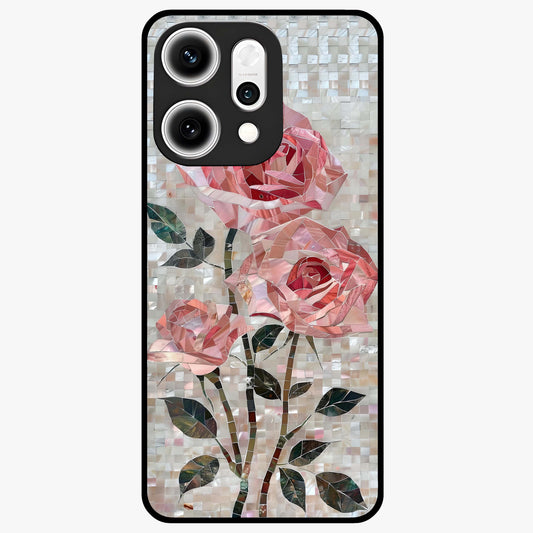 Blush Mosaic Bloom Glass Case showing flat back view with mosaic floral bloom artwork and glossy glass finish.