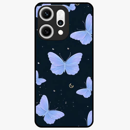 Butterfly With Stars Pattern Glass Case showing flat back view with butterfly and star pattern artwork and glossy glass finish.