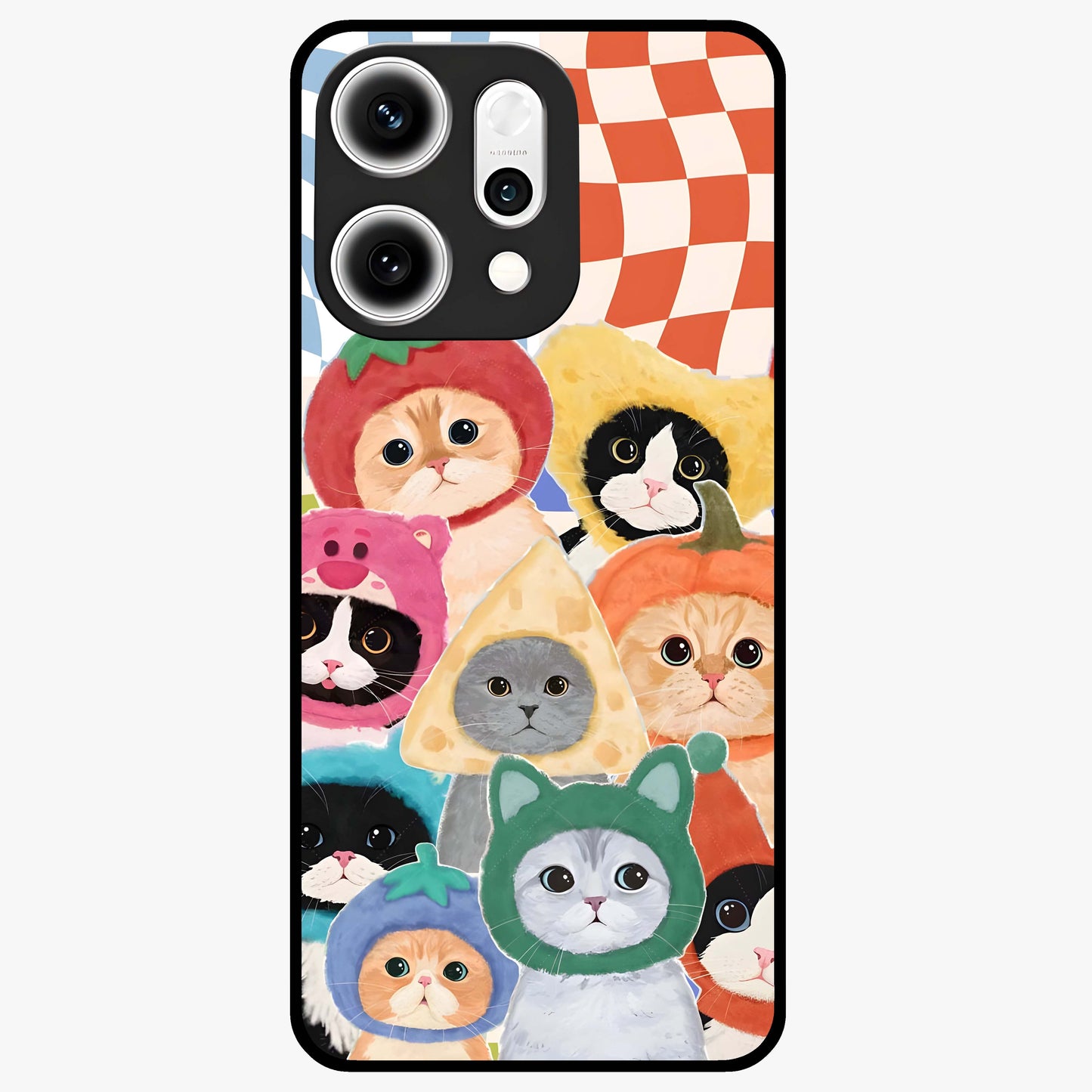 Cats in Fruits Glass Case showing flat back view with playful cat illustrations inside fruit artwork and glossy glass finish.