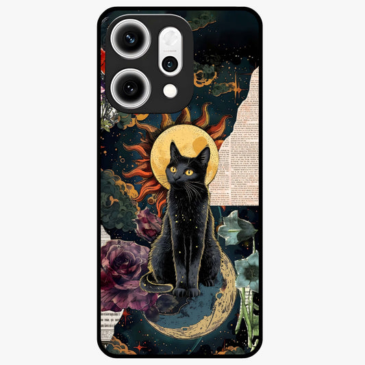 Celestial Black Cat Glass Case showing flat back view with mystical black cat artwork and glossy glass finish.