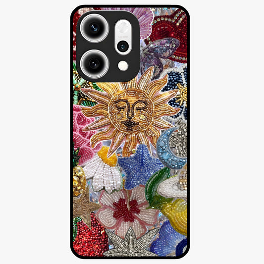 Celestial Floral and Playful Glass Case showing flat back view with floral and celestial themed artwork and glossy glass finish.