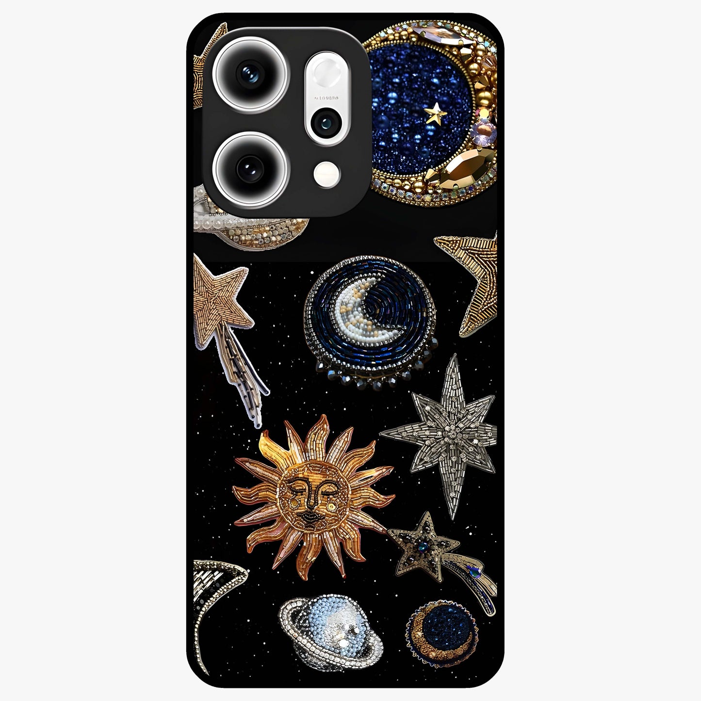 Celestial Gem Constellations Glass Case showing flat back view with sparkling constellation artwork and glossy glass finish.