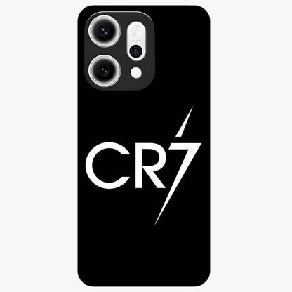 Cr7 Elite Strike Glass Case showing flat back view with dynamic football inspired artwork and glossy glass finish.