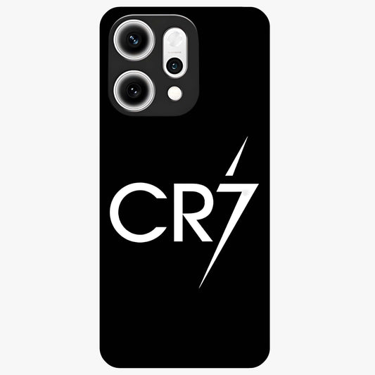 Cr7 Elite Strike Glass Case showing flat back view with dynamic football inspired artwork and glossy glass finish.