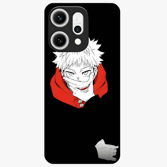 Crimson Chaos Smile Glass Case showing flat back view with bold chaotic smile artwork and glossy glass finish.