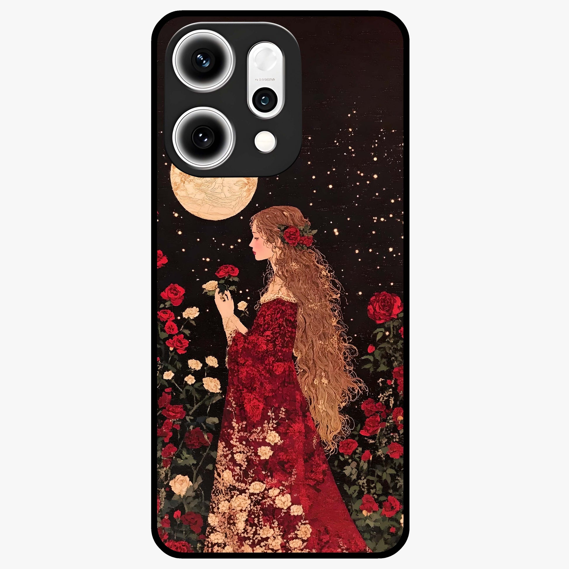 Crimson Dreams Glass Case showing flat back view with dreamy crimson artwork and glossy glass finish.