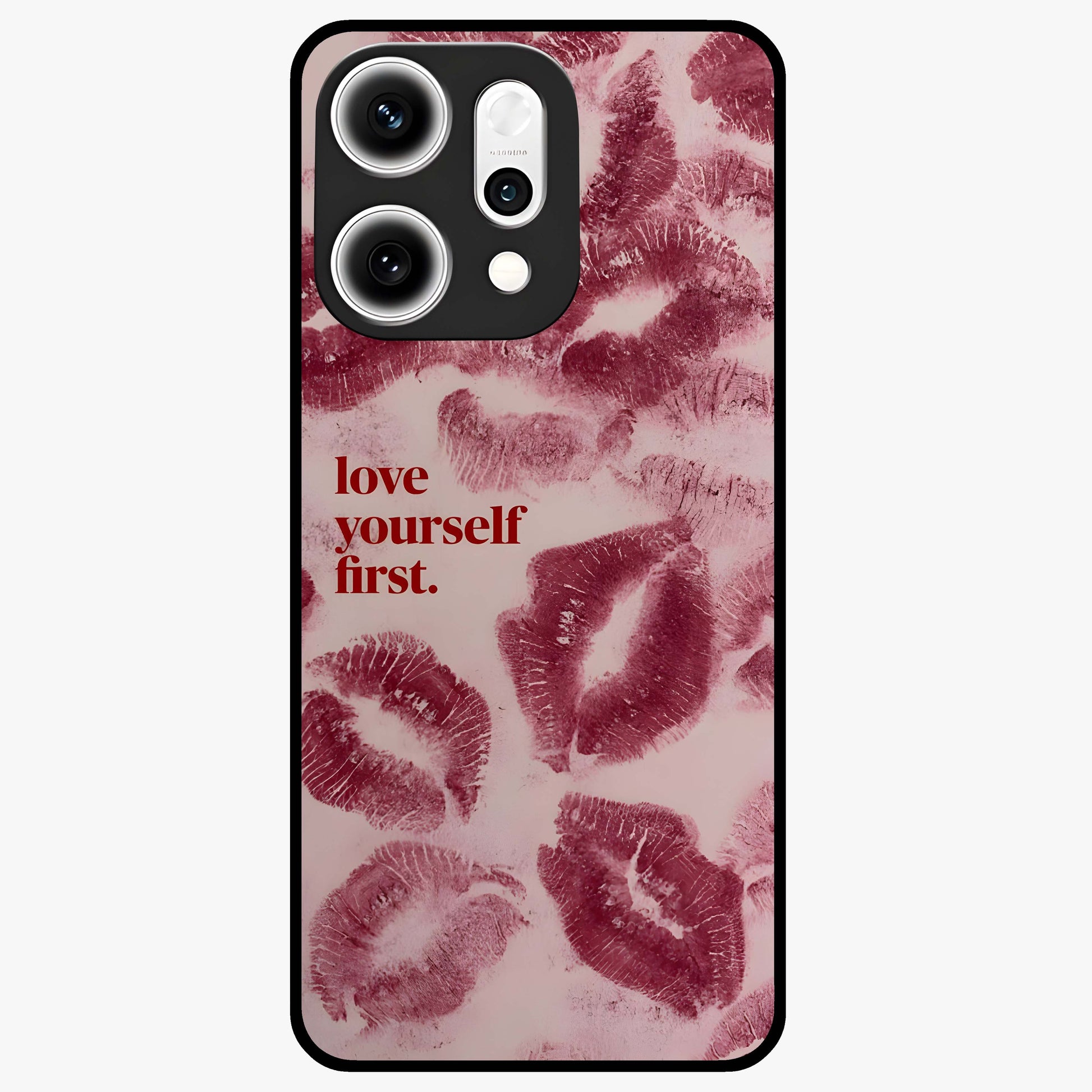 Crimson Kiss Love Glass Case showing flat back view with romantic crimson themed artwork and glossy glass finish.