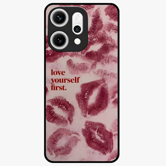 Crimson Kiss Love Glass Case showing flat back view with romantic crimson themed artwork and glossy glass finish.