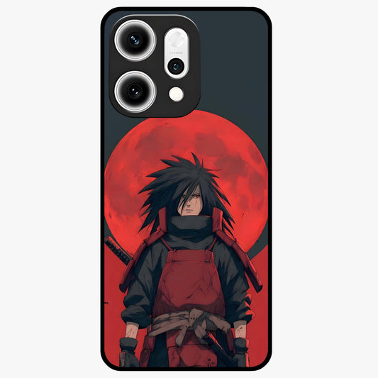 Crimson Moon Warlord Glass Case showing flat back view with mystical moon warrior artwork and glossy glass finish.