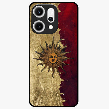 Crimson Sun Majesty Glass Case showing flat back view with radiant sun inspired artwork and glossy glass finish.