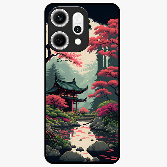 Crimson Temple View Glass Case showing flat back view with temple inspired artwork and glossy glass finish.