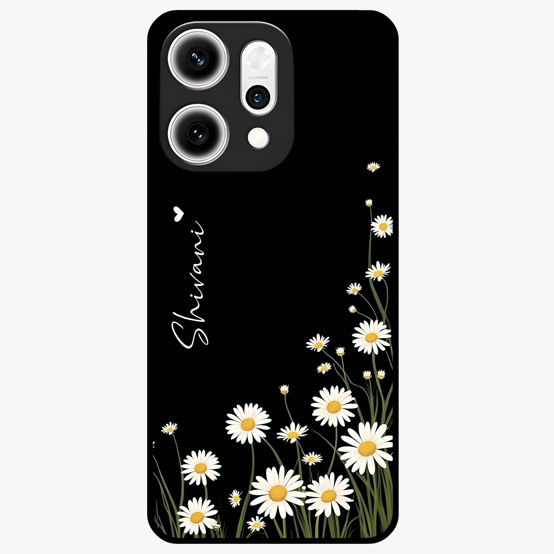 Daisy Cascade Custom Name Glass Case showing flat back view with cascading daisy flowers and personalized name design.
