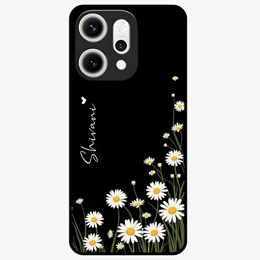 Daisy Cascade Custom Name Glass Case showing flat back view with cascading daisy flowers and personalized name design.