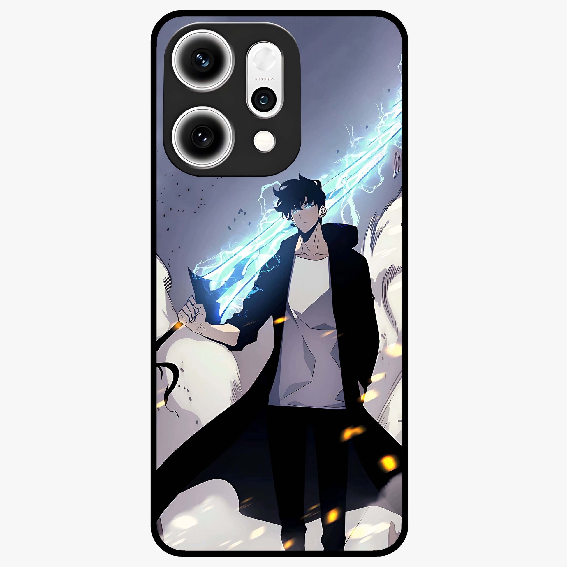 Dark Lightning Anime Warrior Glass Case showing flat back view with intense anime warrior artwork and glossy glass finish.