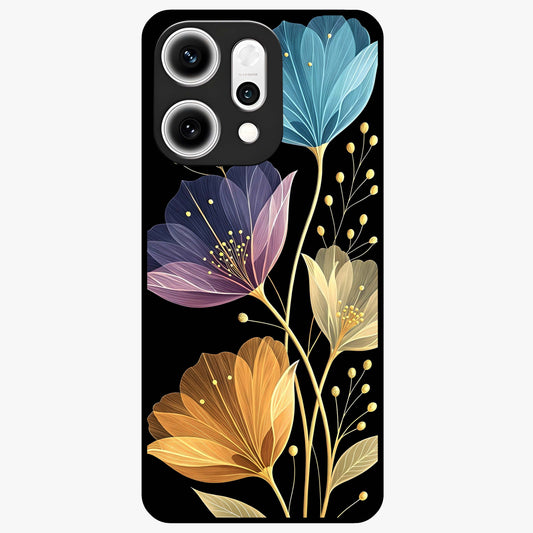 Delicate Multicolor Flowers Glass Case showing flat back view with vibrant floral artwork and glossy glass finish.