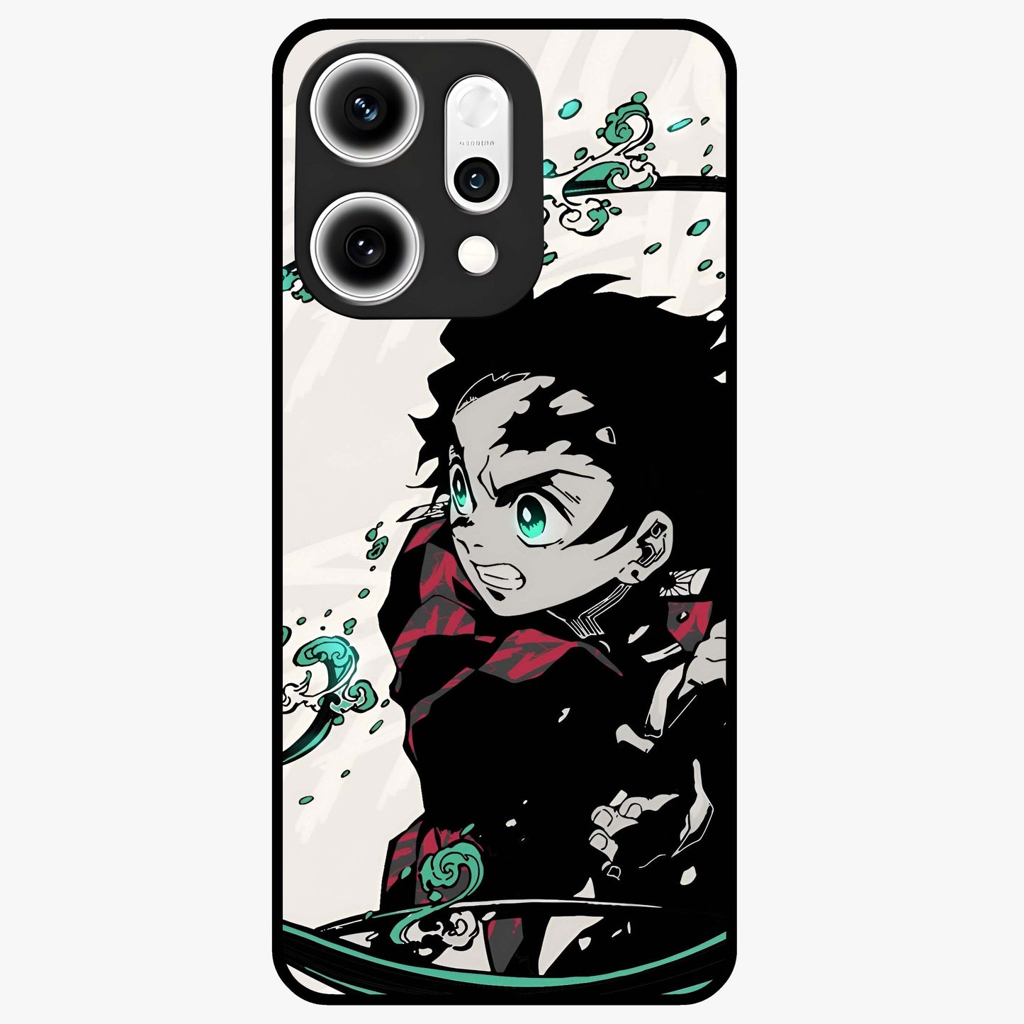 Demon Slayer Glass Case showing flat back view with bold anime inspired artwork and glossy glass finish.