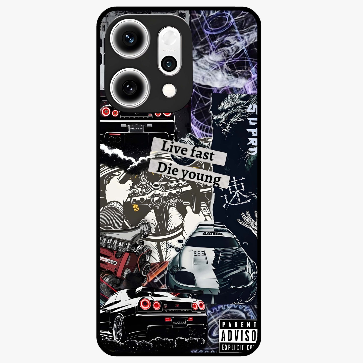 Die Young Glass Case showing flat back view with bold artistic typography design and glossy glass finish.
