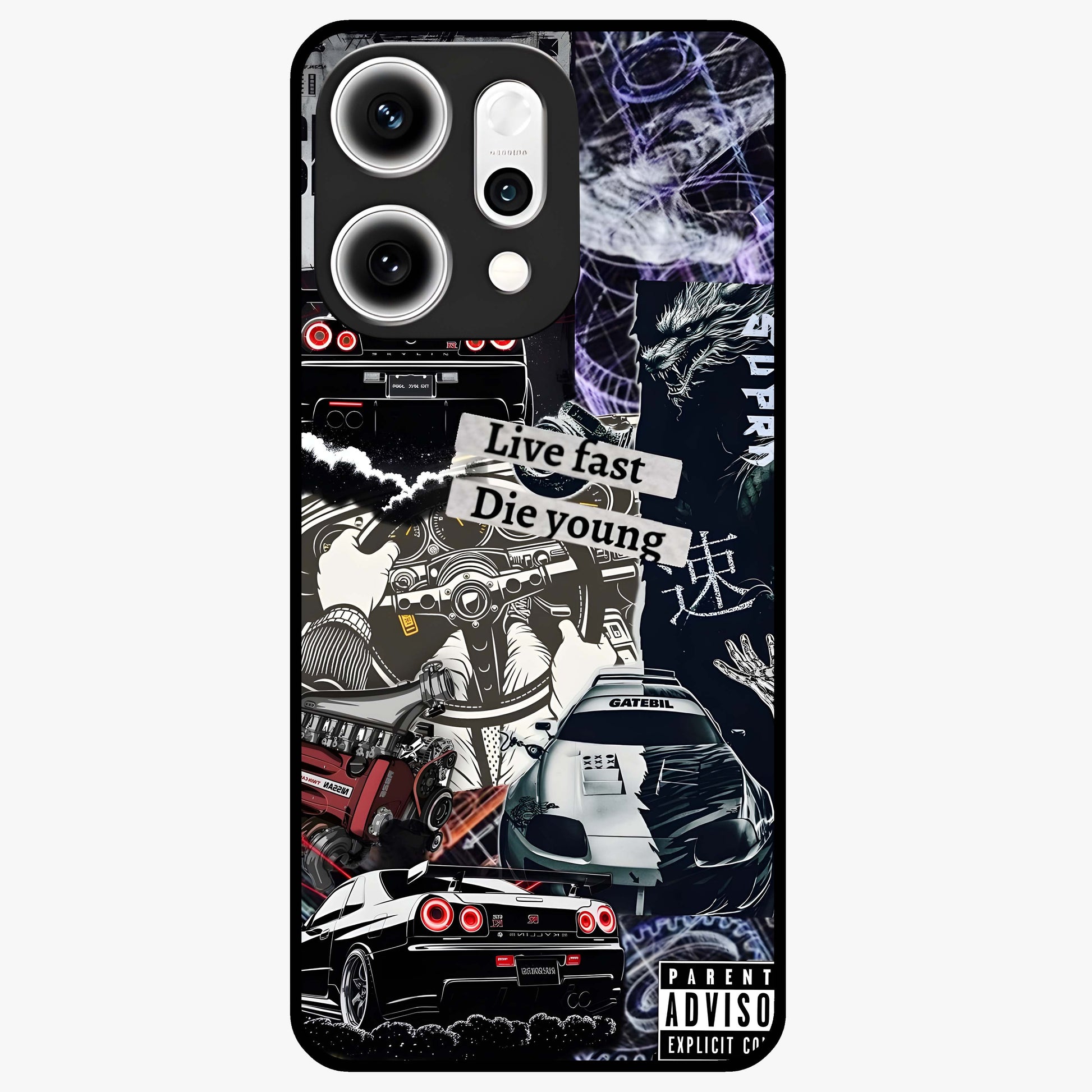 Die Young Glass Case showing flat back view with bold artistic typography design and glossy glass finish.