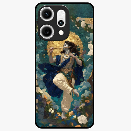 Divine Krishna Art Glass Case showing flat back view with Lord Krishna artwork and glossy glass finish.