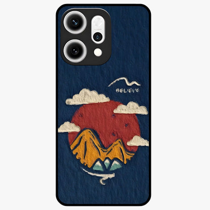 Dream Beyond Mountains Glass Case showing flat back view with scenic mountain landscape artwork and glossy glass finish.