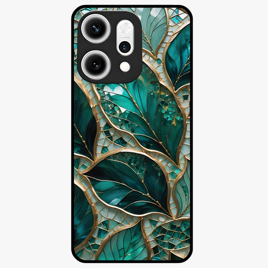 Emerald Leaf Glass Glass Case showing flat back view with emerald green leaf artwork and glossy glass finish.