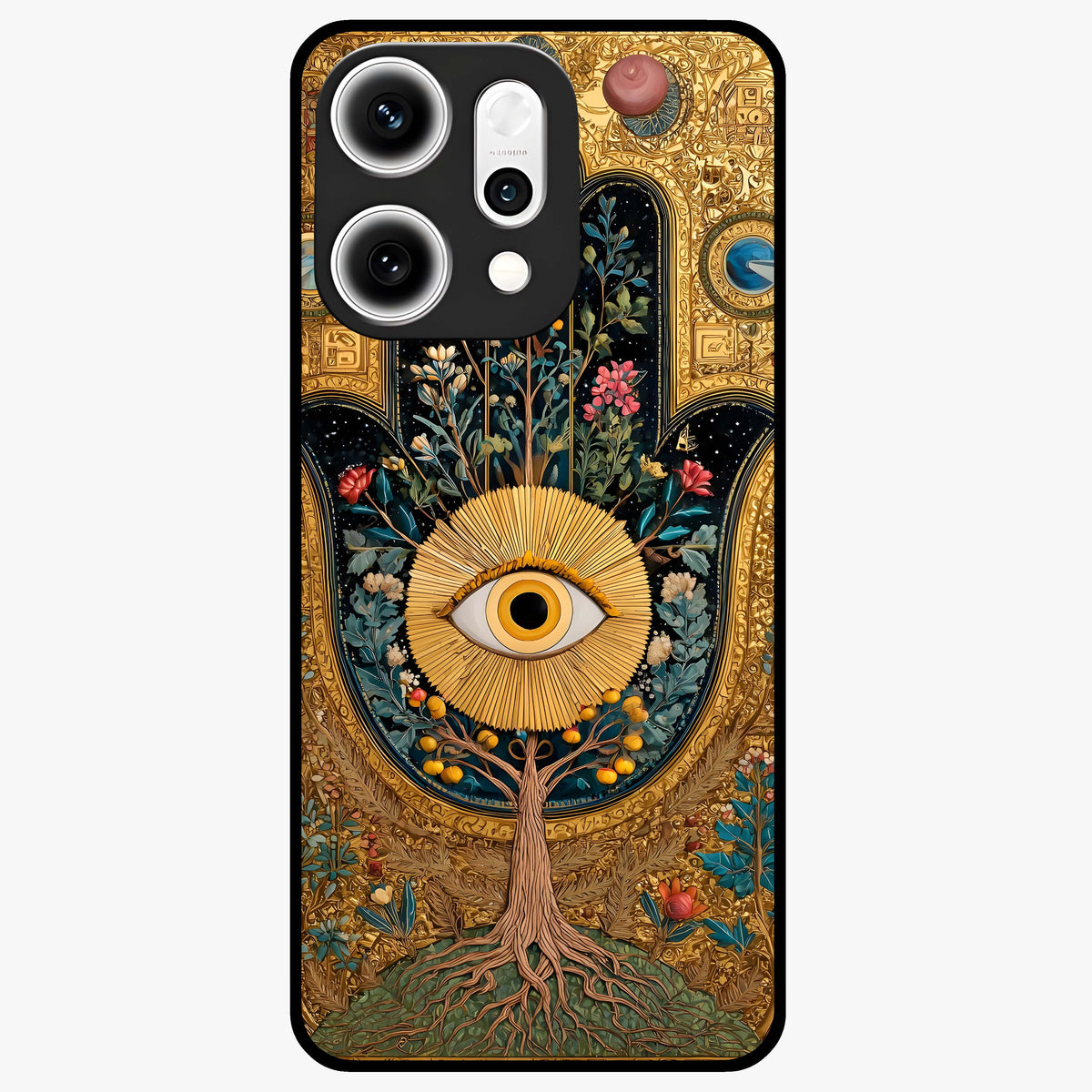 Ethereal Evil Eye Glass Case showing flat back view with mystical evil eye artwork and glossy glass finish.