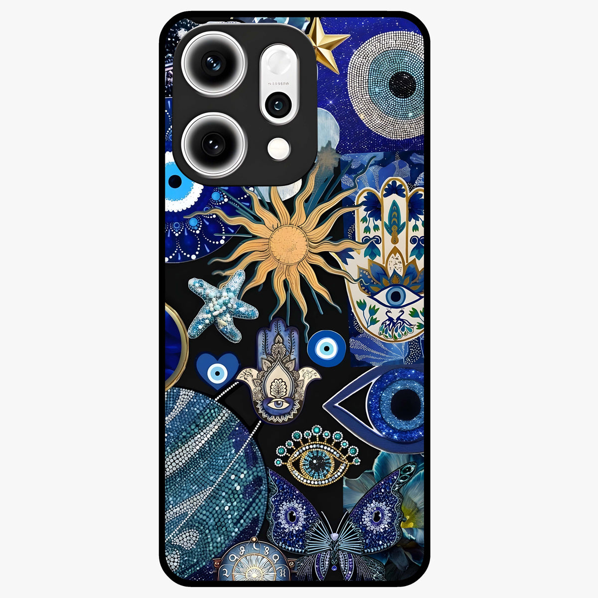 Evil Eye Charm Mix Glass Case showing flat back view with multiple evil eye charms artwork and glossy glass finish.