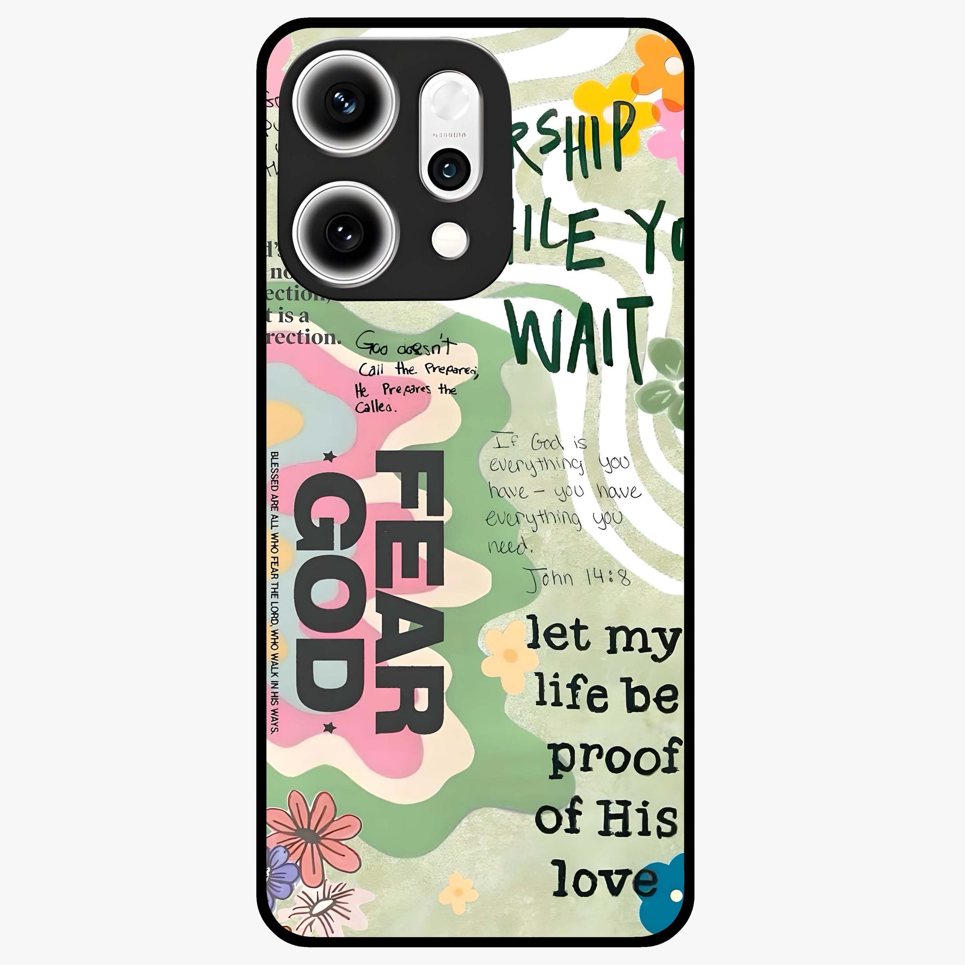 Faith Over Fear Glass Case showing flat back view with motivational typography artwork and glossy glass finish.