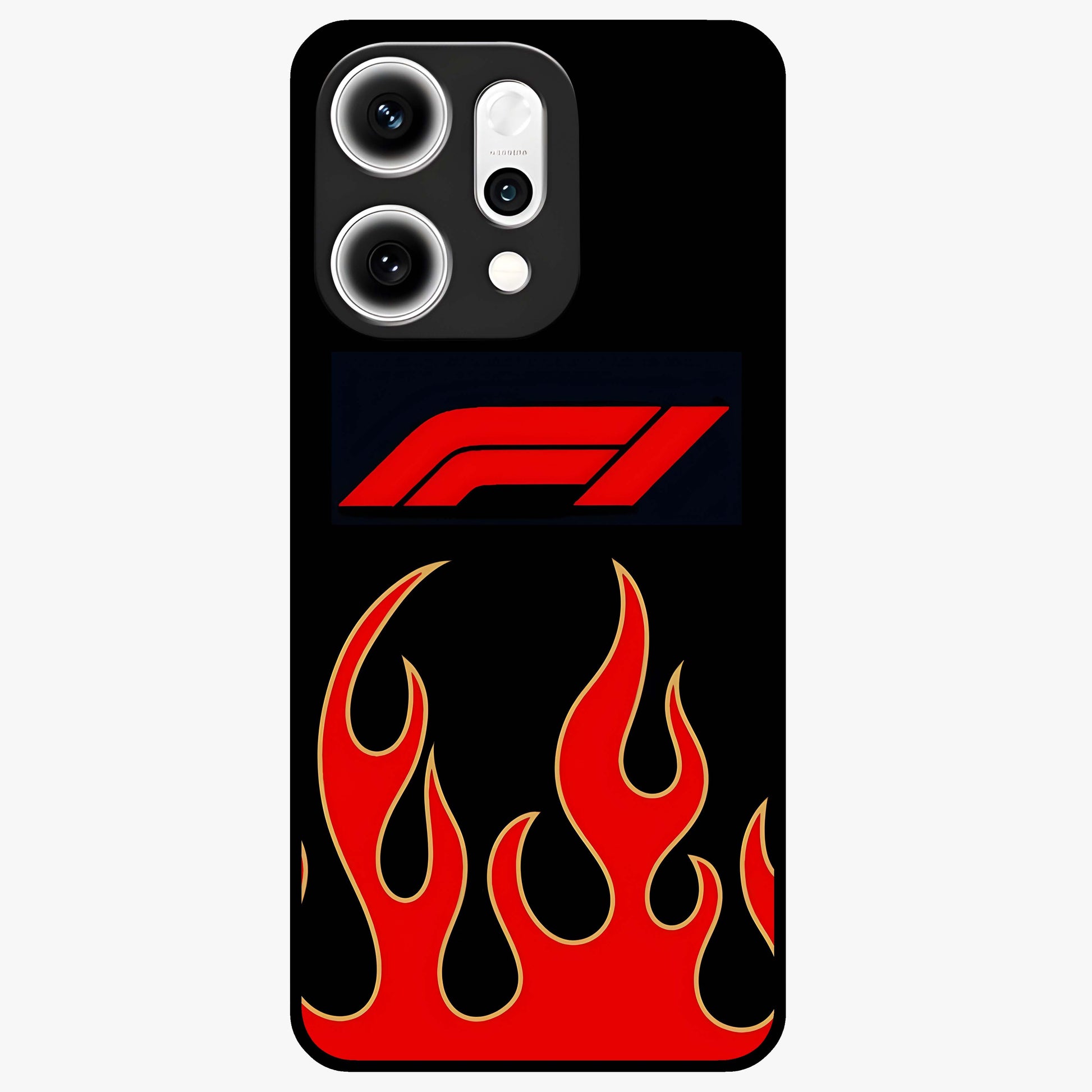 Fire F11 Glass Case showing flat back view with fiery themed artwork and glossy glass finish.