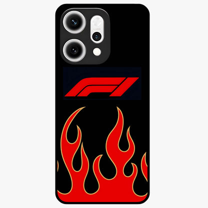 Fire F11 Glass Case showing flat back view with fiery themed artwork and glossy glass finish.