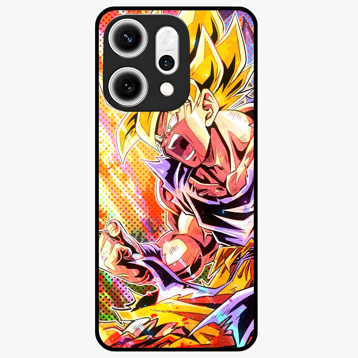 Firing Goku Glass Case showing flat back view with powerful anime inspired artwork and glossy glass finish.