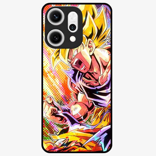 Firing Goku Glass Case showing flat back view with powerful anime inspired artwork and glossy glass finish.