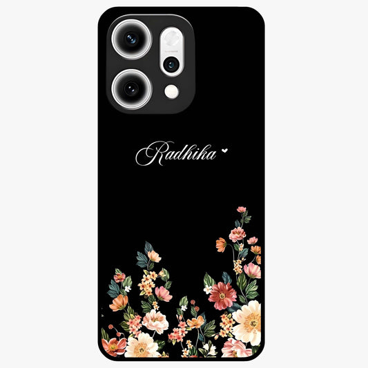 Floral Design With a Custom Personalized Name Glass Case showing flat back view with floral artwork and personalized name design.