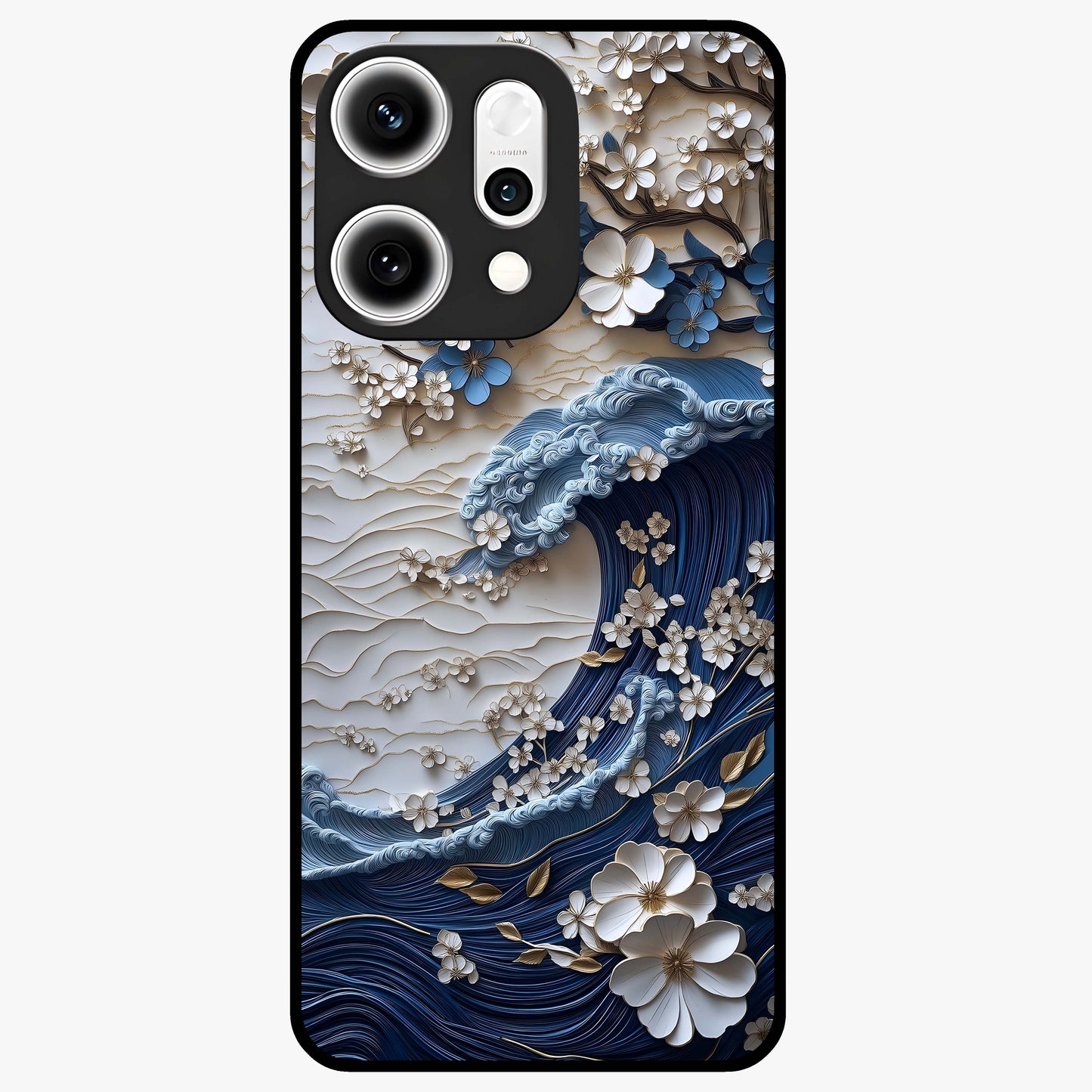 Floral Wave Origami Glass Case showing flat back view with origami inspired floral wave artwork and glossy glass finish.