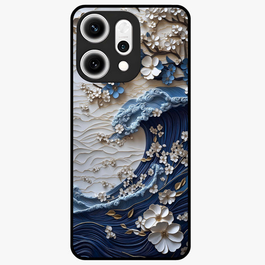 Floral Wave Origami Glass Case showing flat back view with origami inspired floral wave artwork and glossy glass finish.