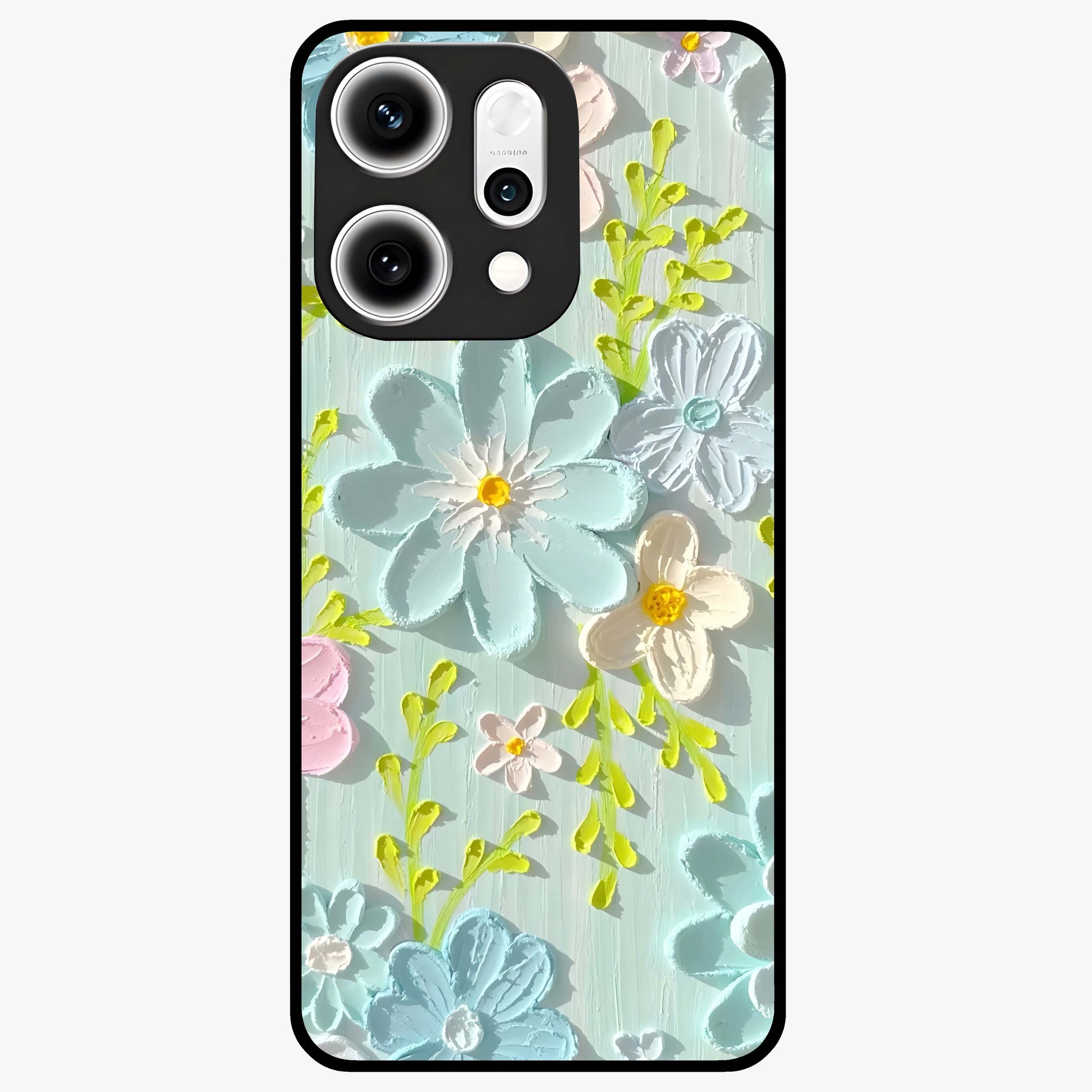Frosted Petal Garden Glass Case showing flat back view with soft frosted floral artwork and glossy glass finish.