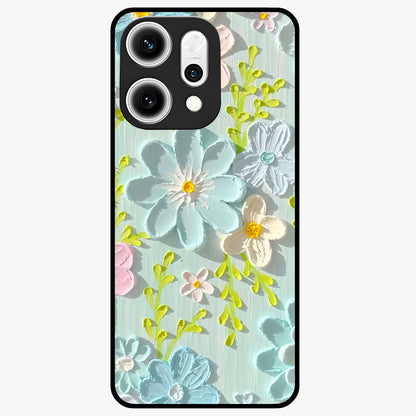 Frosted Petal Garden Glass Case showing flat back view with soft frosted floral artwork and glossy glass finish.