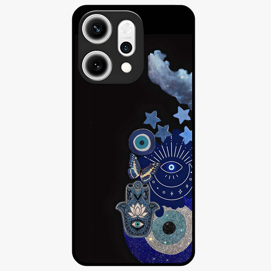 Galactic Charm Cluster Glass Case showing flat back view with glowing celestial charm artwork and glossy glass finish.