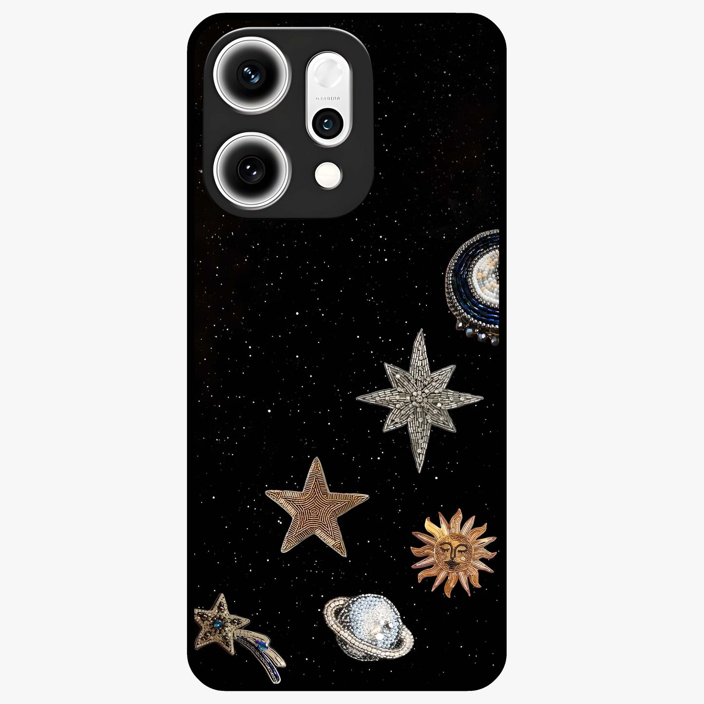 Galactic Charm Glow Glass Case showing flat back view with glowing celestial charm artwork and glossy glass finish.